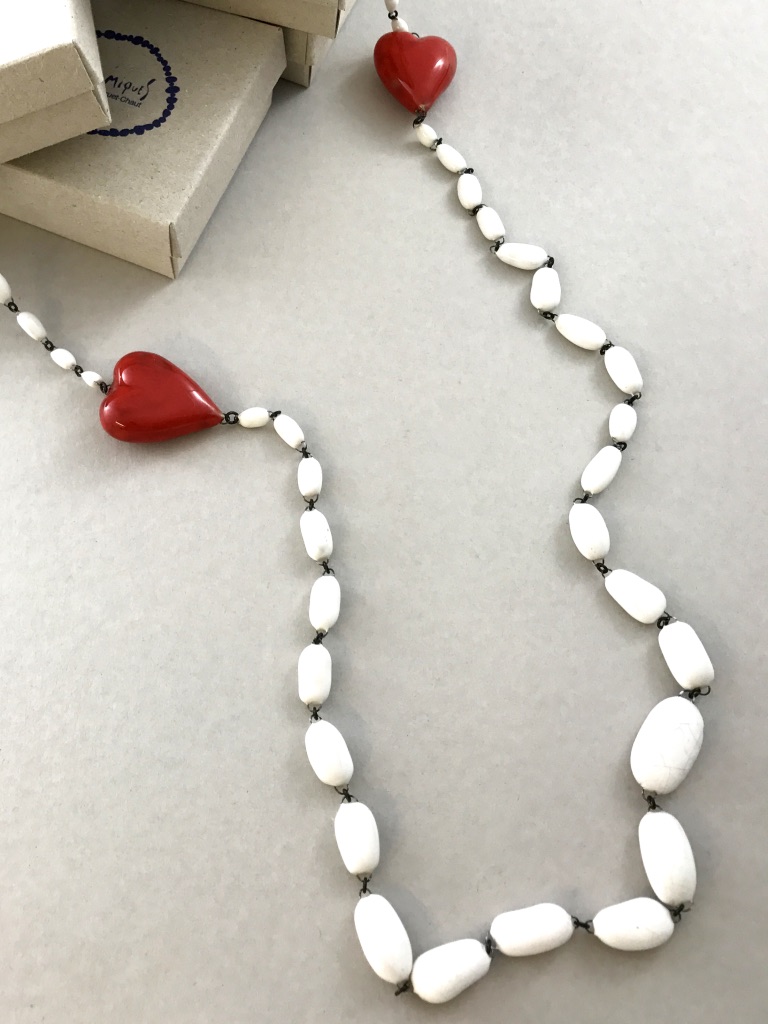 Ceramic necklace consist in two oversized harts and simple beads by Claire Hecquet-Chaut
