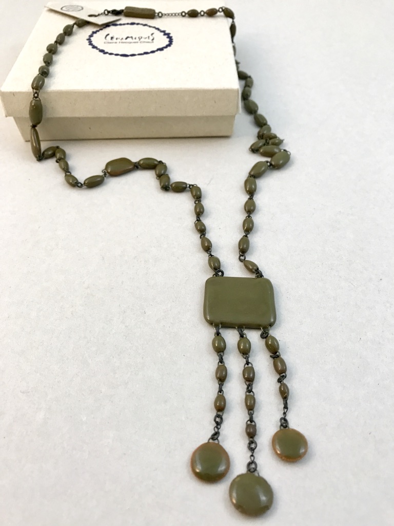khaki ceramic necklace made of a rectangle and flat drops
