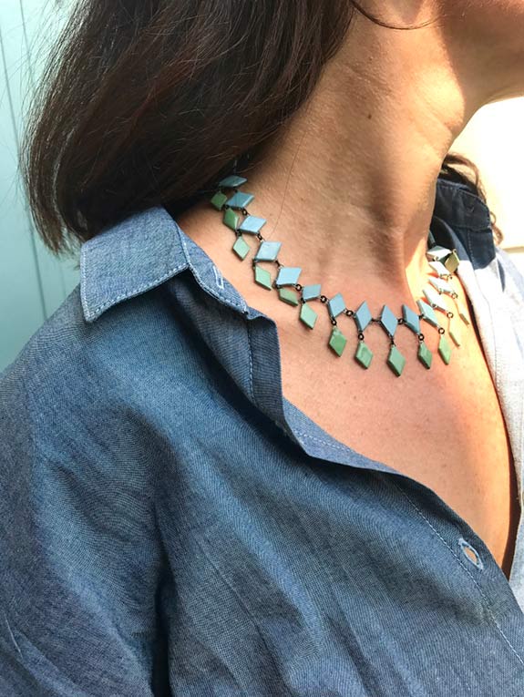 Green  & pigeon blue rhombus ceramic necklace (in situation) by Claire Hecquet-Chaut