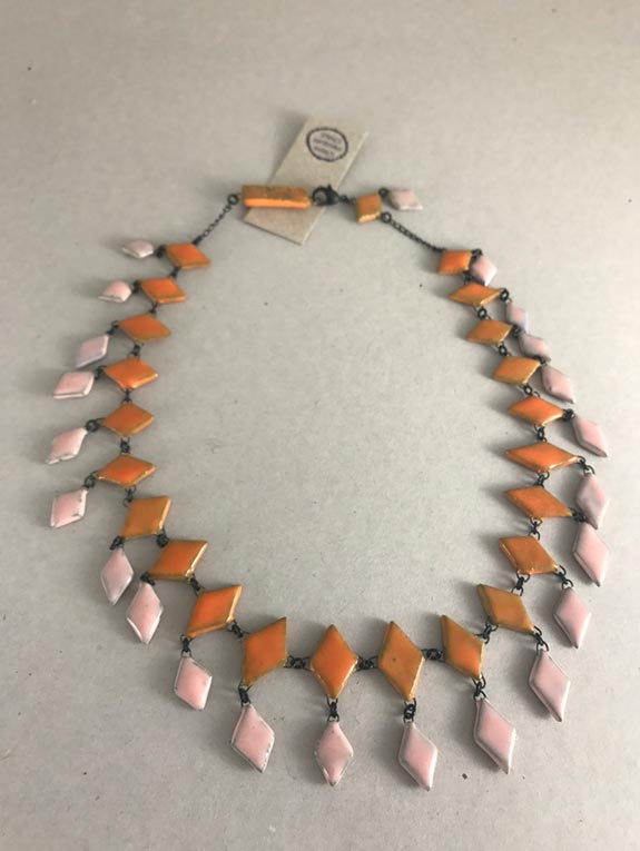Light pink & orange rhombus ceramic necklace by Claire Hecquet-Chaut