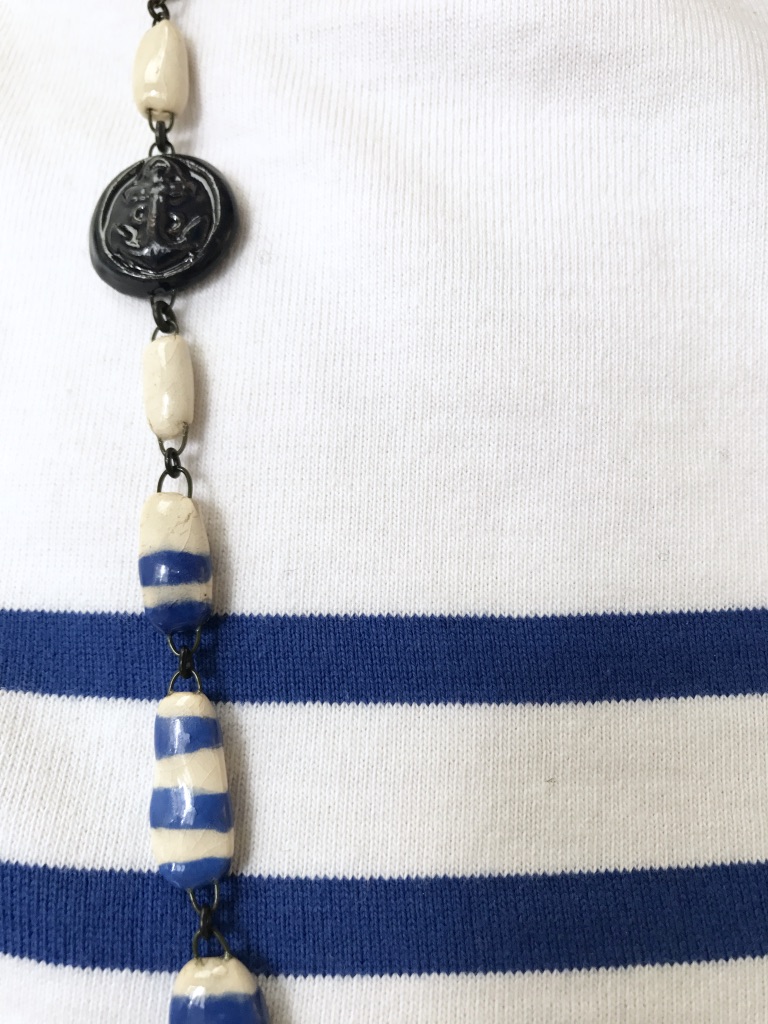 A ceramic chain inspired by sailor suit code , striped and anchor stamped beads for a free eccentric chic style